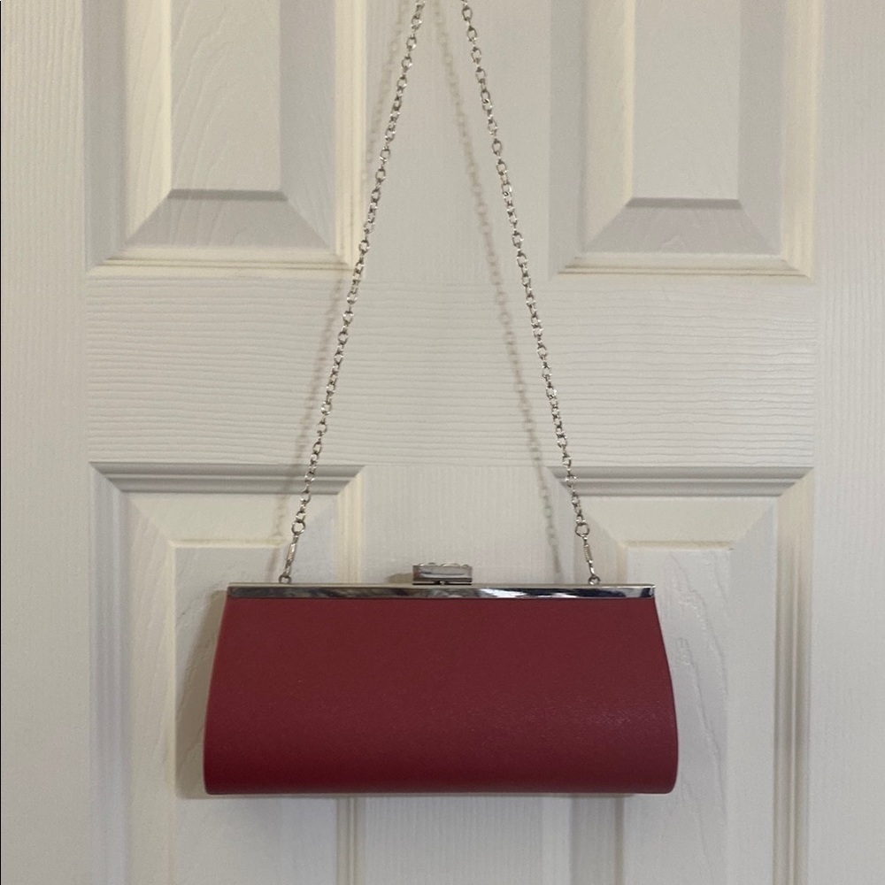 Rich Red Clutch with Chain Strap and Metallic Closure